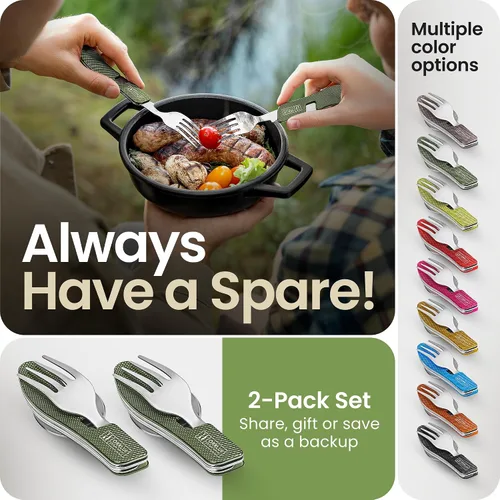 Miniatura 6 de Orblue Utensilios de comida 4 en 1, paquete de 2 – Cuchara portátil, tenedor, cuchillo y abridor de botellas, cubiertos de acero inoxidable
