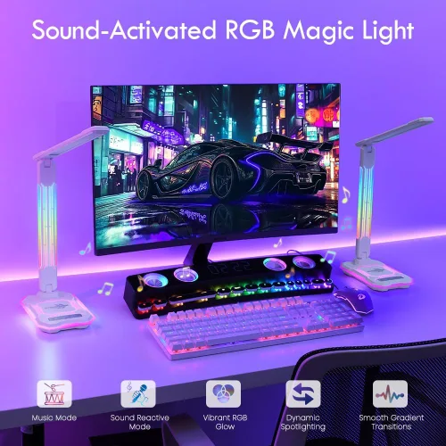 Miniatura 2 de WILIT Lámpara de escritorio para dormitorio universitario, luz de escritorio RGB para juegos con carga inalámbrica y puerto USB, lámpara de jugador
