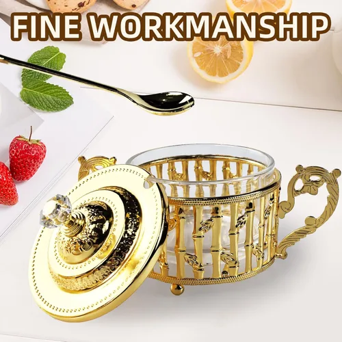 Miniatura 5 de Flylin Azucarero, azucarero turco con tapa y cuchara para galletas de caramelo, miel, tarro de condimentos de vidrio vintage dorado para el hogar y 5