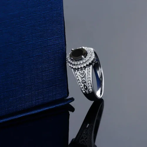 Miniatura 27 de Anillo de compromiso con halo de piedra preciosa y piedra natal en plata chapada en oro amarillo de 18 quilates, ovalado, 0.236 x 0.157 pulgadas