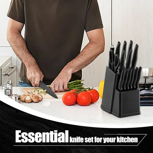 Miniatura 4 de HaWare Juego de cuchillos de cocina de acero inoxidable de 21 piezas, juego de cuchillos de chef negros con 6 Kinves para carne, cuchara medidora