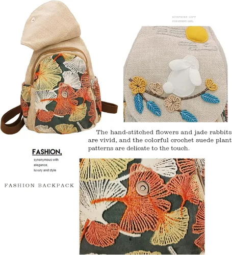 Miniatura 26 de HUANGGUOSHU Mochila de algodón tejida de algodón bohemio con bordado de lona estilo bohemio con múltiples bolsillos retro linda mochila cartera