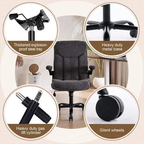 Miniatura 4 de Silla de Oficina Ejecutiva, Silla de Computadora Cómoda de Tela Ergonómica con Reposabrazos Abatibles, Soporte Lumbar, Función de Giro 360° y Gris