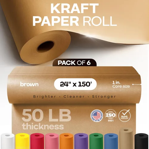 Miniatura 4 de Rollo de papel marrón de 24 x 1800 pulgadas (150 pies), paquete de 6, papel de embalaje marrón hecho en Estados Unidos, 50 libras de grosor