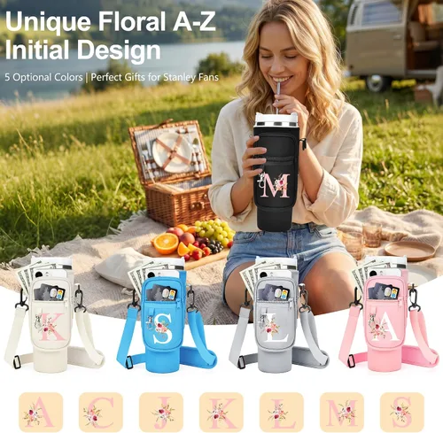 Miniatura 2 de Initial Water Bottle Holder with Strap for Stanley Cup Accessories 40 oz/Simple Modern Tumbler, Birthdays for Women Girls, Water Bottle Carrier Bag