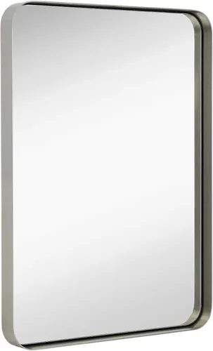 Hamilton Hills - Espejo de pared de metal cepillado contemporáneo | Panel de cristal negro enmarcado con esquina redondeada y diseño profundo |