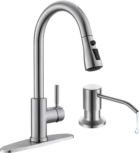Miniatura 7 de Arofa Grifo de cocina negro mate, grifo de fregadero de cocina con rociador abatible, de una sola manija, de acero inoxidable, comercial, moderno