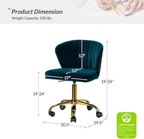 Miniatura 2 de HULALA HOME Silla de escritorio de oficina en casa con ruedas doradas, pequeña silla bonita de tocador con respaldo para dormitorio, silla de Verde