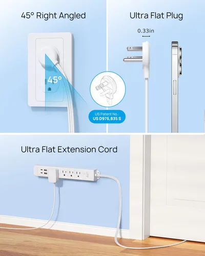 Miniatura 5 de TROND - Tira de alimentación de enchufe plano con cable de extensión plano USB de 10 pies, protector de sobretensión, montaje en pared, 2 puertos