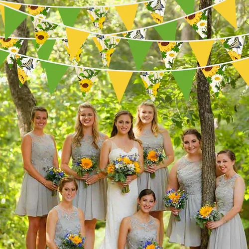 Miniatura 6 de Banderín amarillo y verde de 32 pies con banderines de tela de girasol, mariposa, triangular, guirnalda para decoración de fiesta de primavera