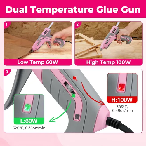 Miniatura 4 de WORKPRO Pistola de pegamento caliente de tamaño completo - 60/100W Pistola de pegamento de doble temperatura y juego de barras con 10 barras de Rosa