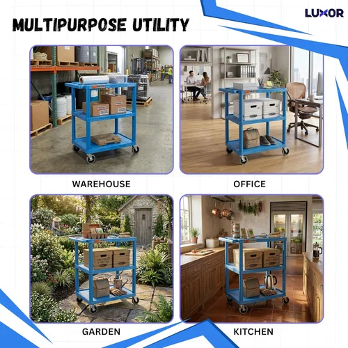 Miniatura 8 de Luxor HE34-BU Carrito utilitario – 3 estantes de plástico de espuma estructural, cuatro ruedas giratorias de 4", dos con freno de bloqueo, mango Azul