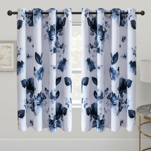 Taisier Home Cortinas de oscurecimiento de habitación con ojales de 45 pulgadas, pintura de tinta tradicional china, hojas estilizadas y flores,