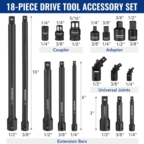 Miniatura 2 de WORKPRO Juego de extensión de enchufe de impacto de 18 piezas, incluye adaptadores de enchufe, juego de extensión de trinquete, barra de extensión
