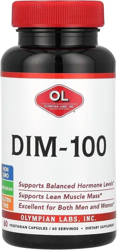 Olympian Labs DIM Suplemento 100mg - Cápsulas diarias - Diindolilmetano para hombres y mujeres, 100 mg, 60 unidades