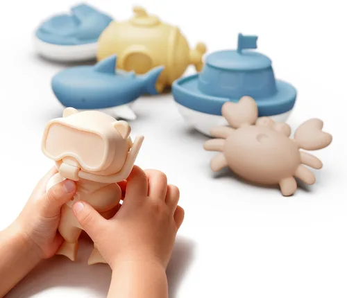 Miniatura 6 de MarcZero Juguetes de baño de silicona oceánica, 8 piezas para niños pequeños, juguetes de agua para la bañera, juguetes de piscina suaves