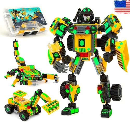 Miniatura 12 de JITTERYGIT Conjunto de juguetes de regalo con mech de robot del ejército, helicóptero militar creativo STEM, kit de bloques de construcción
