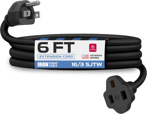 Iron Forge Cable Cable de extensión negro de 6 pies, 16/3, cable de extensión de 6 pies, 3 puntas, resistente a la intemperie, ideal para uso en