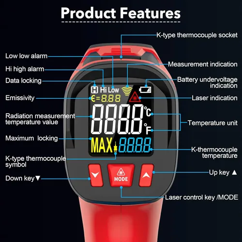 Miniatura 6 de Pistola termómetro infrarroja, pistola de temperatura láser digital con sonda, termómetro IR sin contacto de -40°F ~ 1472°F con emisividad ajustable