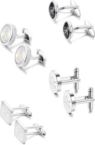 Miniatura 3 de LOYALLOOK Juego de 4 pares de gemelos con letras iniciales para hombre, gemelos grabados, gemelos del alfabeto, a la moda, deslumbrante, esmoquin