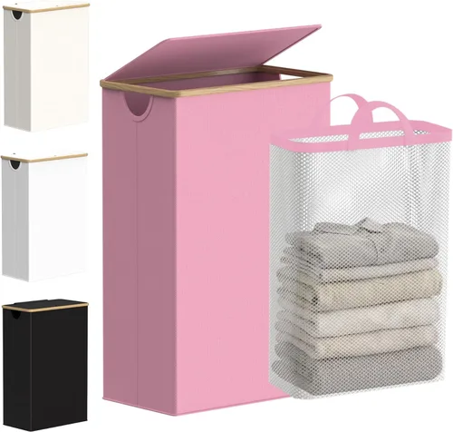 Miniatura 9 de efluky Cesta de lavandería con tapa y bolsa extraíble, cesta de lavandería de 100 litros de alto con asas de bambú, papelera estética para ropa Gris