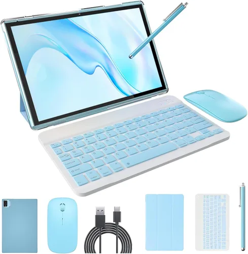 Tablet de 10 pulgadas Android 14 Tabletas 2 en 1 con estuche para teclado, ratón, lápiz capacitivo, Tableta Android 8GB+64GB, compatible con Azul