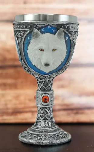 Miniatura 8 de Ebros Gift Gran celta mágica Knotwork Alpha Direwolf White Snow Wolf 8oz cáliz de copa de vino con forro de acero inoxidable Figura de taza