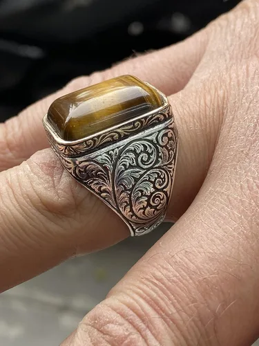 Miniatura 6 de Men Handmade Ring, Tiger Eye Stone Ring, Natural Tiger Eye Gemstone Ring, Turkısh Handmade 925k Sterling Silver Ring, Gift For Him
