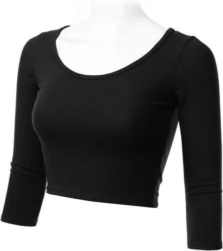 Miniatura 2 de SSOULM Camiseta corta de algodón ajustada con cuello redondo y manga 34 para mujer (S-2XL)