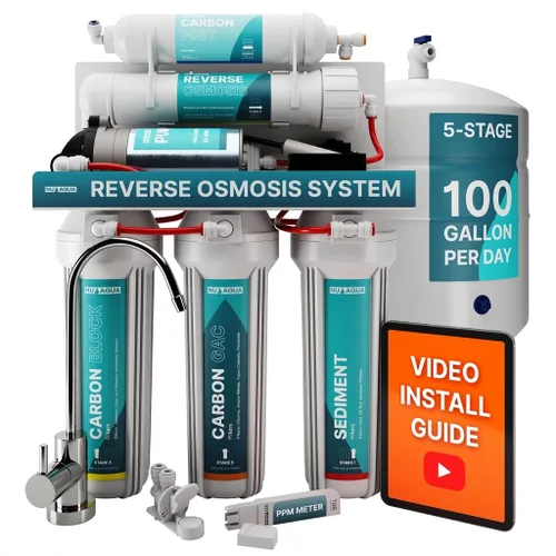 NU Aqua Sistema de filtro de agua de ósmosis inversa de 5 etapas debajo del fregadero - Bomba de refuerzo - Filtración RO de 100 GPD con grifo y