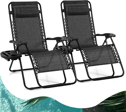 Miniatura 15 de Goplus Sillas de salón Zero Gravity, reclinables plegables ajustables en 160° con almohada y soporte para tazas, cómodas sillas de descanso de 350