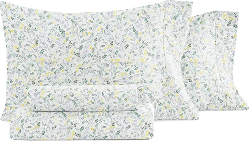 Merit Linens Juego de sábanas transpirables de tamaño Queen con estampado floral de estilo hotelero, 4 piezas, con bolsillo profundo, sábanas