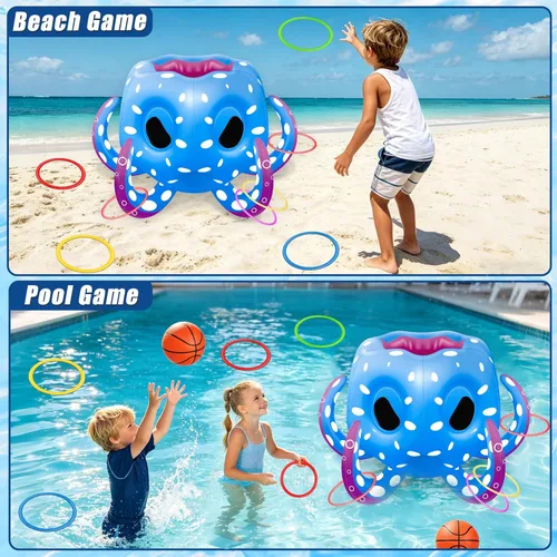 Miniatura 2 de Juguetes de piscina de pulpo para niños de 4 a 8 años, 8 a 12 años, flotadores inflables 2 en 1, juegos de piscina de baloncesto y lanzamiento