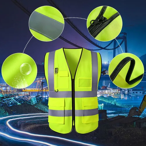 Miniatura 6 de Chaleco de seguridad personalizado para hombre, chaleco personalizado de alta visibilidad, ropa de trabajo con tira reflectante, 5 bolsillos Azul