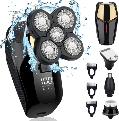 Juego de afeitadora eléctrica 4 en 1, afeitadora calva, húmeda y seca, inalámbrica, con recortadora de nariz y oídos, limpieza facial, recargable,