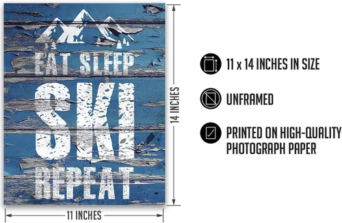Miniatura 3 de Eat Sleep Ski Repeat Wall Decor Art Print sobre un fondo de madera azul – 11x14 sin marco con tema de esquí – Gran regalo para familiares y amigos