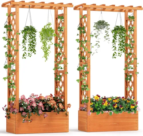 Miniatura 13 de Giantex Cama de jardín elevada con enrejado y techo colgante, jardinera de madera con parte inferior y agujeros de drenaje, maceta de jardín