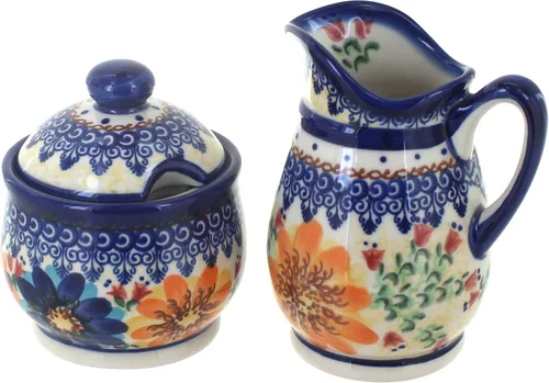 Miniatura 13 de Set de crema y azúcar de flor de manzana y cerámica polaca de rosa azul