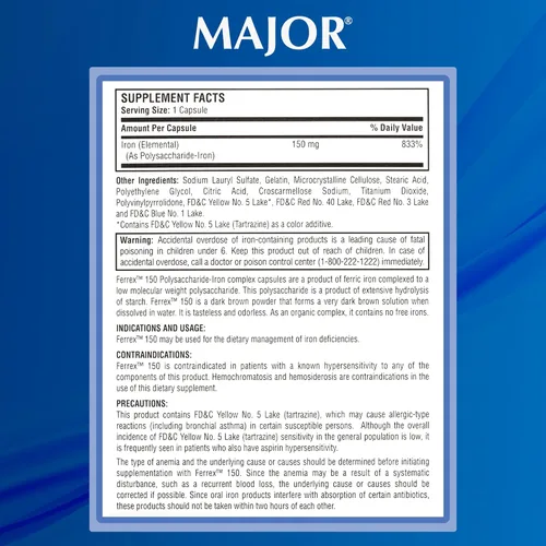 Miniatura 7 de MAJOR Ferrex-150 cápsulas complejas de polisacárido y hierro de 150 mg suplemento de hierro para mujeres y hombres - Suave con el estómago - 100