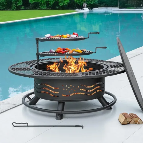 Miniatura 8 de Panovue - Fogata de 36 pulgadas con 2 rejillas de cocina, parrilla de acero redonda para leña al aire libre, con tapa, para barbacoa, fogata, pícnic