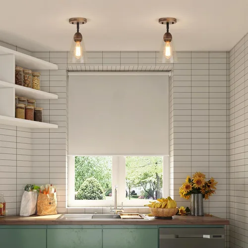 Miniatura 2 de Lámpara de techo rústica de cristal empotrado, mini pantalla de vidrio transparente y madera de roble, lámpara de techo semiempotrada para cocina