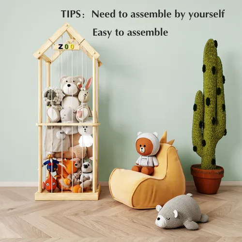 Miniatura 5 de Zoológico de almacenamiento de animales de peluche, organizador de almacenamiento de juguetes de pino macizo de 60.6 pulgadas de alto, base