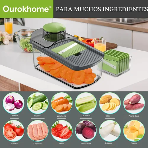 Miniatura 6 de Ourokhome Cortador de mandolina para cocina, rallador de verduras seguro para manos con 6 cuchillas de mandolina, cortador de gofres para papas