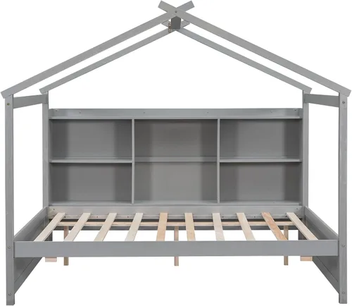Miniatura 8 de Quarte Cama moderna de tamaño matrimonial con estantes de almacenamiento y cama nido de tamaño individual, sofá cama de madera para niños y niñas