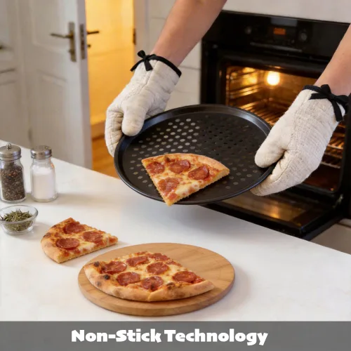 Miniatura 7 de Sartén redonda de pizza de 10 pulgadas con agujeros, sartenes de acero al carbono para pizza congelada y casera, bandeja de pizza antiadherente