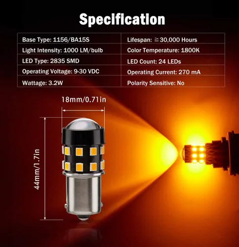 Miniatura 2 de Bombillas LED superbrillantes 1156 7506 BA15S 1073 1141P21W amarillo ámbar 9-30 V sin polaridad 24-SMD chipsets LED con proyector para luces