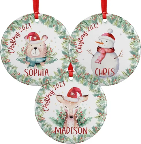 Miniatura 8 de Adorno de Navidad personalizado para niños con nombre y fecha, 6 diseños, metal personalizado de 3 pulgadas, aluminio, adorno de Navidad redondo