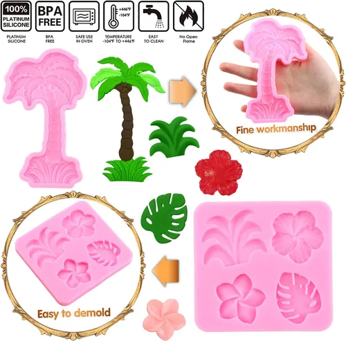 Miniatura 3 de Molde de silicona de flamenco de hojas tropicales, hibisco, plumeria, flores, hojas de Monstera, moldes para fondant, árbol de coco hawaiano, moldes