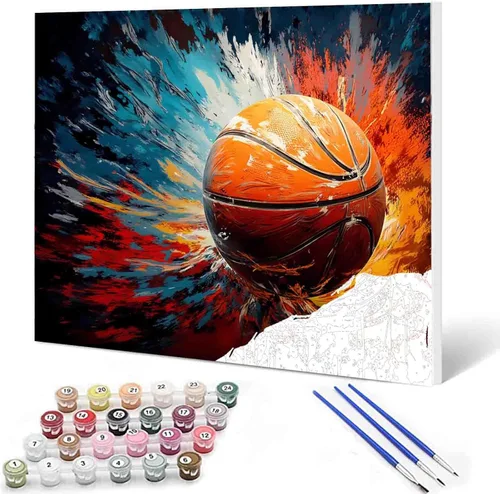 Aihonmin Pintura por números, tema de baloncesto, kit de pintura al óleo para niños y adultos, pintura de dibujo de 16 x 20 pulgadas, pigmento Bola