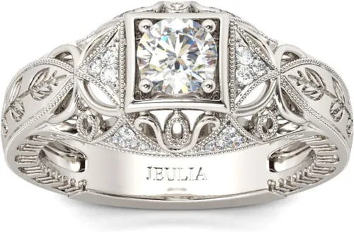 Jeulia Anillos vintage de plata de ley 925 de corte redondo con diamante solitario para boda, compromiso, alianza de aniversario, promesa nupcial